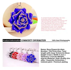 Detail view showing dimensions and materials of the rhinestone rose flower keychain