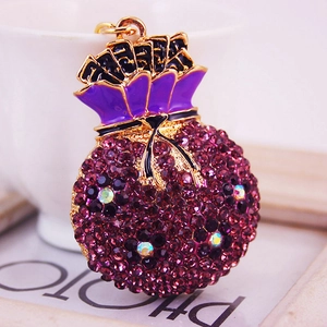 Porte-clés sac à main en strass violets avec alliage doré et symbole chinois de fortune