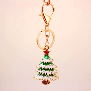 Porte-clés sapin de Noël coloré avec strass brillants et fermoir mousqueton en métal doré