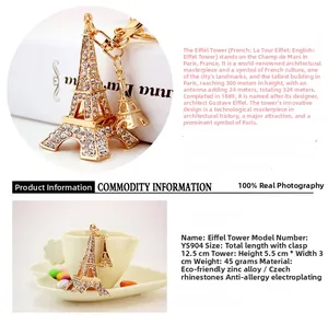 Detailed macro view of the gold Eiffel Tower keychain featuring sparkling Czech rhinestones