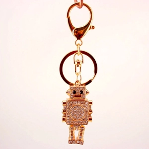 Gold robot keychain pendant with sparkling crystal rhinestones and lobster clasp