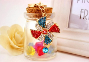 Detailed close-up of a sparkling windmill keychain with colorful rhinestones and gold alloy