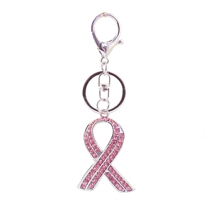 Portachiavi con nastro di strass rosa e chiusura in argento su sfondo bianco neutro