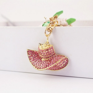 Golden sun hat keychain with pink rhinestones and a lobster clasp for women bag accessory