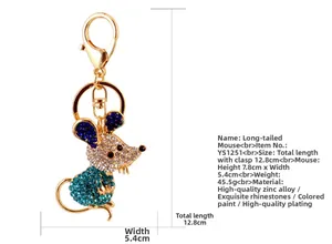 Detail showing crystal mouse keychain dimensions of 12.8cm length and lobster clasp