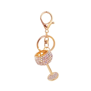 Creative gold rhinestone wine glass keychain with sparkling crystals and lobster clasp hook