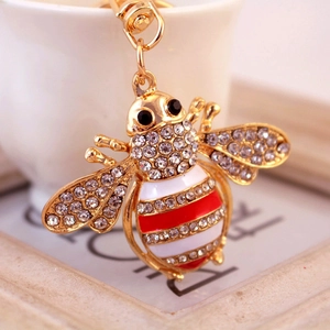 Creative crystal honey bee keychain with gold plating and red enamel for women's bags
