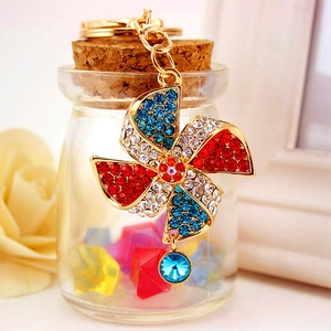 Colorful windmill keychain with sparkling crystals and rhinestones on gold plating