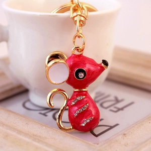 Porte-clés souris en émail rouge avec alliage doré et strass brillants décoratifs