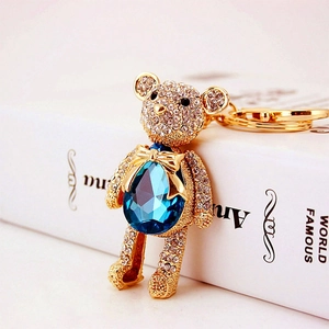 Cute Crystal Bear Keychain Rhinestone Inlaid Blue Water Drop Stone Gold Alloy Bag Charm Pendant For Women Girls Gift