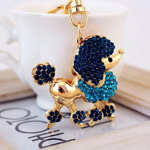 Porte-clés caniche créatif avec strass bleus sur base en métal doré et anneau