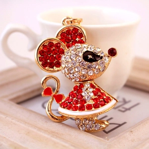 Sparkling rhinestone mouse keychain with red bow and gold alloy base for bags