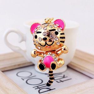 Porte-clés tigre de dessin animé en cristal étincelant avec émail rose et métal doré