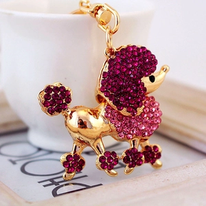 Porte-clés caniche en cristal étincelant avec strass rose et violet et crochet doré