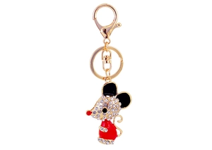 Detailed close-up of golden zodiac mouse keychain with sparkling white rhinestones