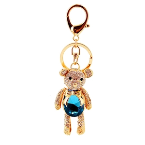 Sparkling crystal bear keychain with blue gemstone and gold lobster clasp for bags