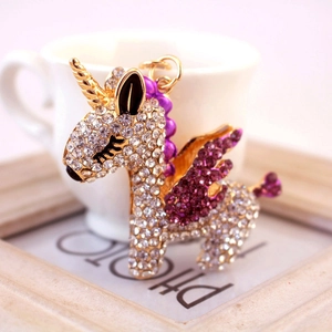 Portachiavi con unicorno di cristallo con cornice dorata e strass viola per borse