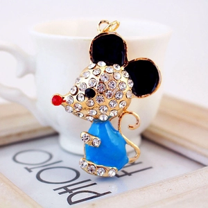 Cartoon mouse keychain in golden alloy with blue enamel and sparkling crystal accents