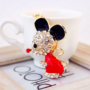 Exquisite gold zodiac rat keychain pendant with sparkling crystals and red enamel detail