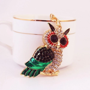 Exquisite golden owl keychain pendant with sparkling multicolor rhinestones and lobster clasp