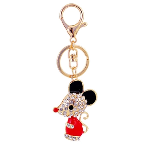 Golden zodiac mouse keychain with sparkling white crystals and red enamel finish
