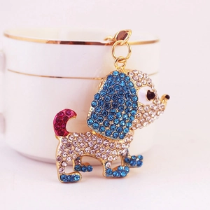 Portachiavi a forma di cane con strass brillanti e orecchie blu su metallo dorato