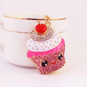 Cute cartoon cupcake keychain with sparkling rhinestones and pink enamel metal pendant