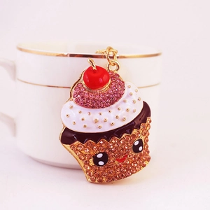 Cute cartoon cupcake keychain with colorful rhinestones and cherry charm for gifts