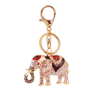Sparkling rhinestone elephant keychain with gold metal plating and colorful enamel patterns