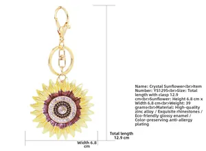 Detailed specs of sunflower crystal keychain featuring gold zinc alloy and rhinestones
