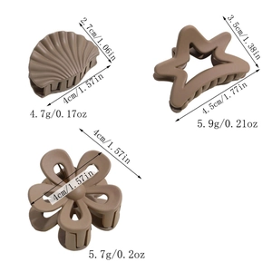 Detailed size specifications for matte brown shell star and flower hair claw clips