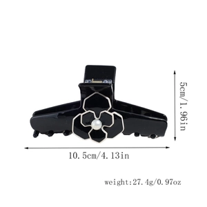 Detail showing dimensions and weight of black camellia hair claw clip with pearl