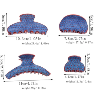 Detailed size chart for blue denim hair claws with red polka dots in four styles