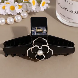 French Style Acetate Camellia Hair Claw Clip Elegant Black White Flower Shark Clip For Women Hair Accessory With Artificial Pearl