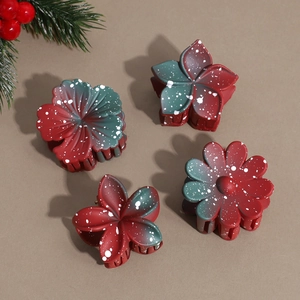Set of Christmas flower hair clips with red and green gradient and snowflake pattern