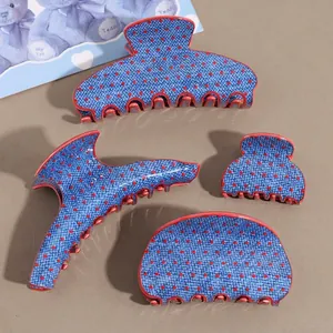 Vintage Korean Style Denim Pattern Hair Claw Clips With Red Polka Dot Cellulose Acetate Shark Clip Fashion Hair Accessories For Women