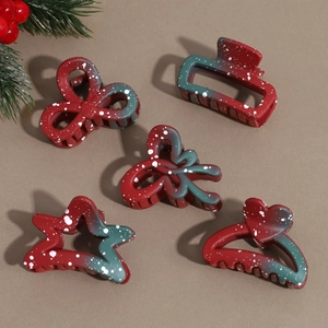5-piece set of red and green gradient Christmas hair claws with festive snowflake patterns