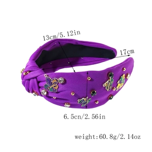 Plan de taille détaillé du bandeau noué violet avec strass et détails papillon