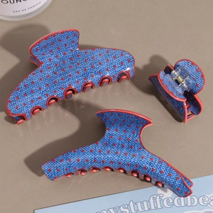 Three-piece denim blue hair claw clip set with red polka dots and woven texture