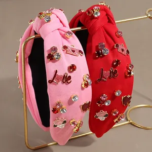 Dolce Cerchietto con Nodo di Strass per San Valentino Donna Fascia Larga in Maglia Cuore Lettera Love Accessori Capelli Moda