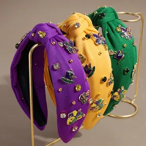 Serre-tête Noué Mardi Gras pour Femmes Breloques Émail Strass Masque Fleur-de-lis Large Tissu Noué Accessoire Cheveux Festival