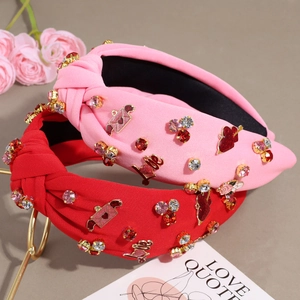 Cerchietti larghi in tessuto con strass e motivi a cuore LOVE per regalo di San Valentino