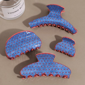 Retro denim blue hair claw set with red polka dots in various sizes for versatile styling