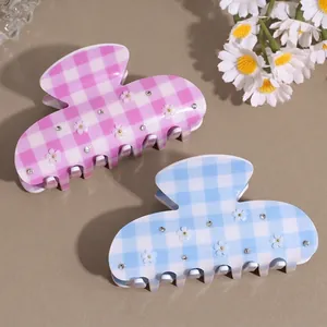 Sweet Acetate Plaid Hair Claw With Floral Rhinestone Accents Korean Style Shark Clip Elegant Flower Hair Catch For Women