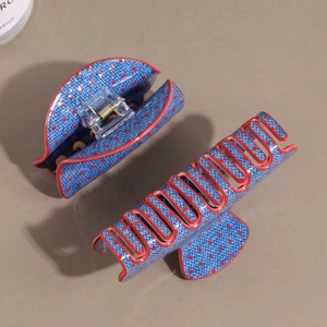 Denim texture hair claw clips set with red polka dot design for elegant styling