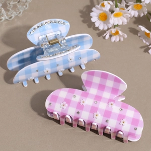 Floral plaid hair claw clips set with sparkling rhinestones and sweet daisy patterns