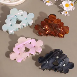 French Style Acetate Flower Hair Clip With Rhinestones Elegant Colorful Floral Shark Claw Clip For Women Daily Accessories