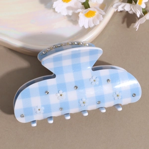 Elegant light blue plaid hair claw clip with white flower and rhinestone accents
