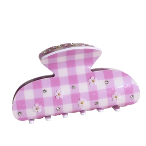 Pink checkered hair claw clip with 3D white flowers and sparkling rhinestones