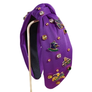 Serre-tête violet à nœud avec breloques de carnaval et strass colorés brillants